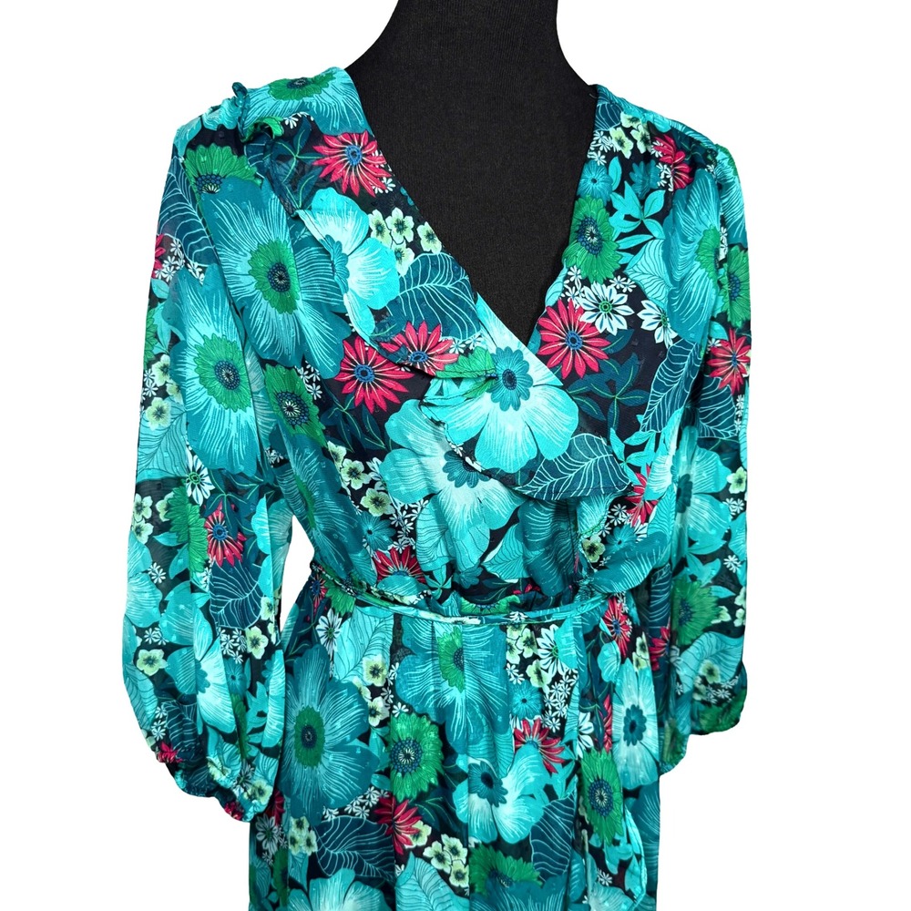Maison Tara Teal Floral Chiffon Faux Wrap Maxi Dress Ruffle Boho Garden NWT 14 - Picture 3 of 11